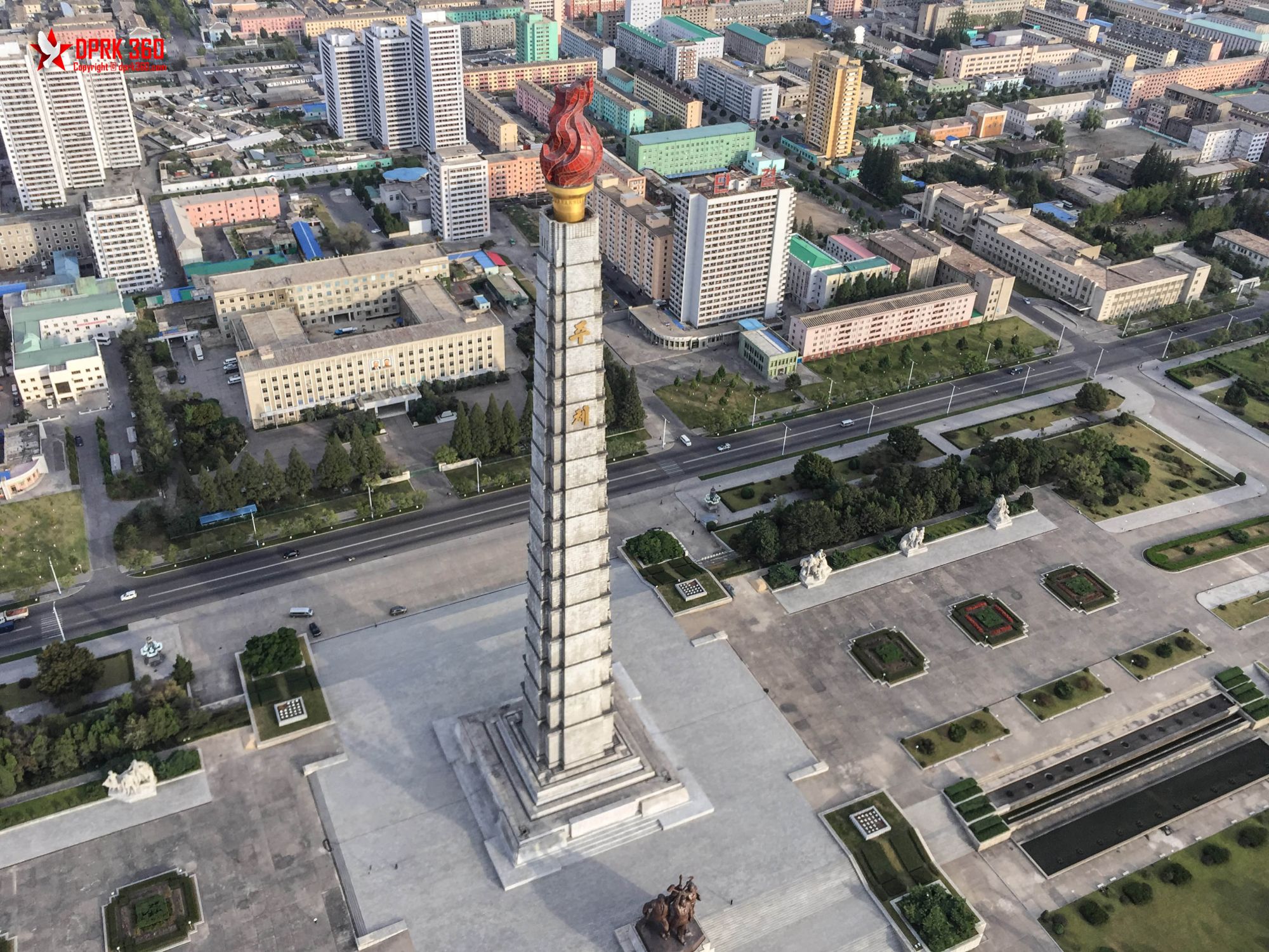 The North Korean Juche tower as seen from bird eye's view