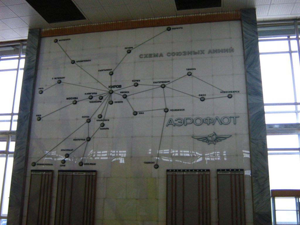 A vintage map of the Aeroflot route network, from the central city of Kirov.