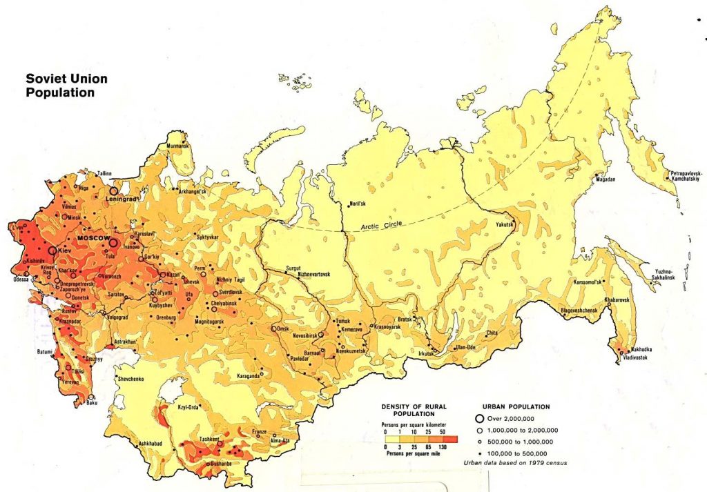 Soviet Geography, as shown by this map of the USSR showing population density.