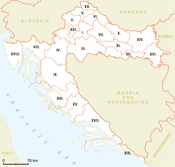 Croatia Map of the country's regions.